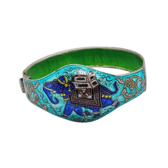 Vtg Rajasthani India Cloisonne Enamel Elephant Bangle Bracelet Sterling Silver - Picture 1 of 9